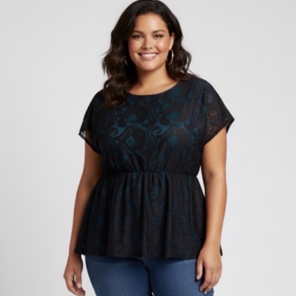 Apostrophe Black and Teal Lace Patterned Blouse
